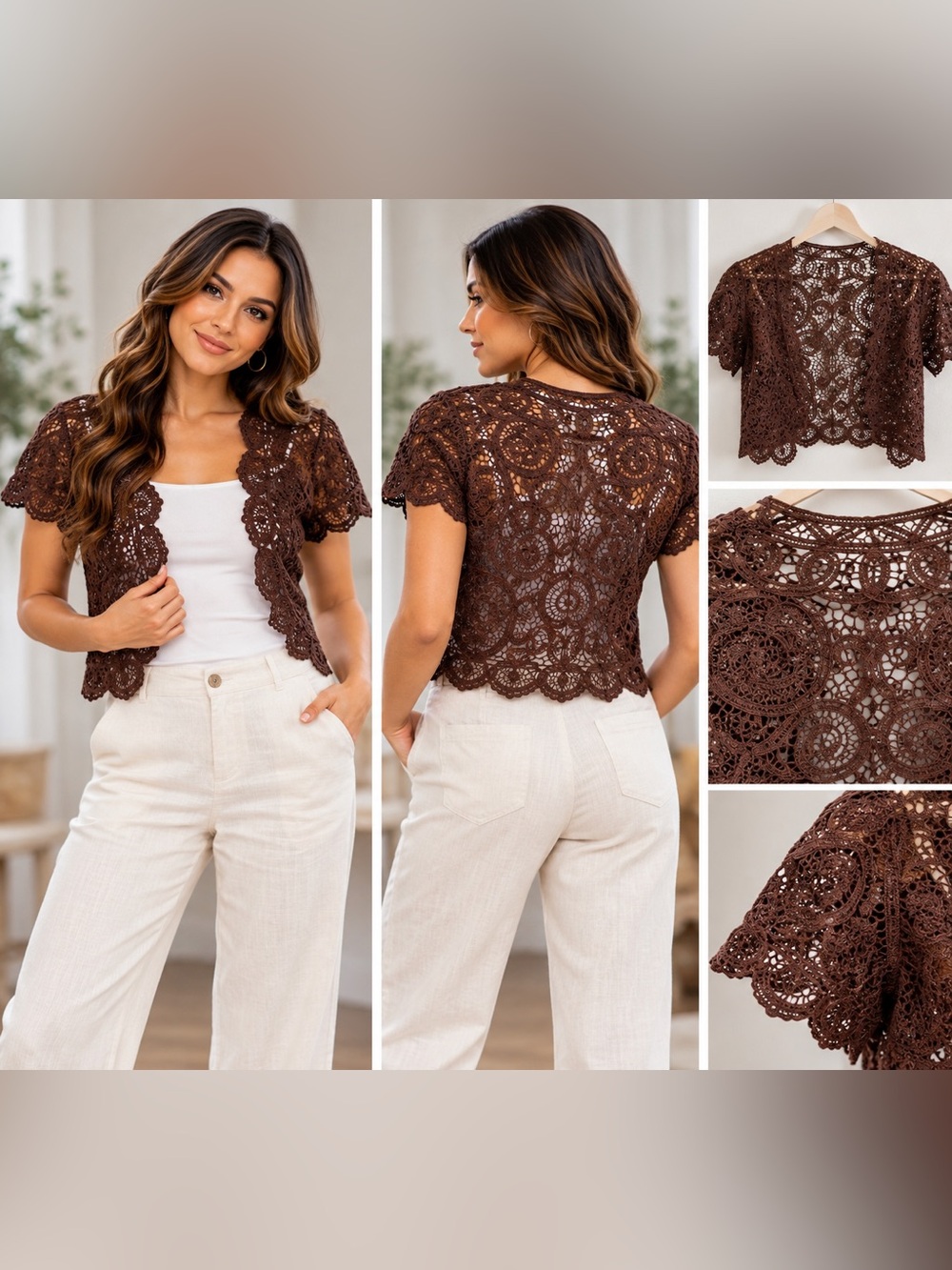 Emma James Chocolate Crochet Lace Short Sleeve Cardigan